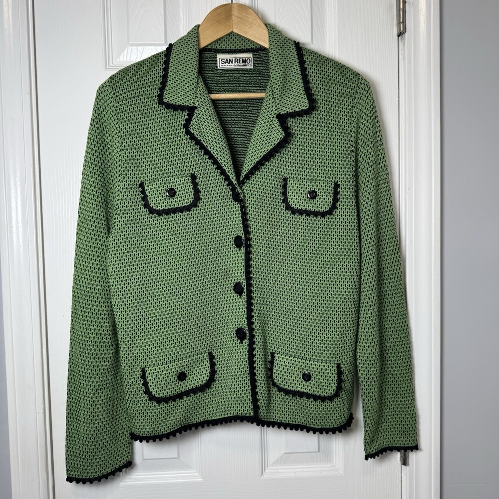 Vintage San Remo By Laura Knits Women's L Green Cardigan‎ Black Trim U.S.A.
